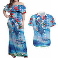 Hawaiian Waves Whale Couples Matching Off Shoulder Maxi Dress and Hawaiian Shirt Kakau Art and Tropical Red Hibiscus Flowers LT03 Blue - Polynesian Pride