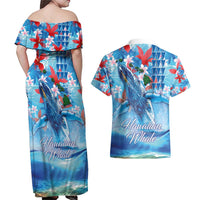 Hawaiian Waves Whale Couples Matching Off Shoulder Maxi Dress and Hawaiian Shirt Kakau Art and Tropical Red Hibiscus Flowers LT03 - Polynesian Pride