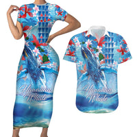 Hawaiian Waves Whale Couples Matching Short Sleeve Bodycon Dress and Hawaiian Shirt Kakau Art and Tropical Red Hibiscus Flowers LT03 Blue - Polynesian Pride