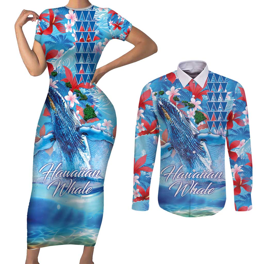 Hawaiian Waves Whale Couples Matching Short Sleeve Bodycon Dress and Long Sleeve Button Shirt Kakau Art and Tropical Red Hibiscus Flowers