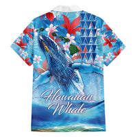 Hawaiian Waves Whale Family Matching Long Sleeve Bodycon Dress and Hawaiian Shirt Kakau Art and Tropical Red Hibiscus Flowers