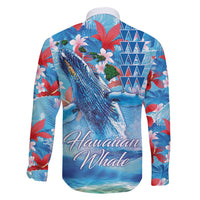 Hawaiian Waves Whale Family Matching Long Sleeve Bodycon Dress and Hawaiian Shirt Kakau Art and Tropical Red Hibiscus Flowers