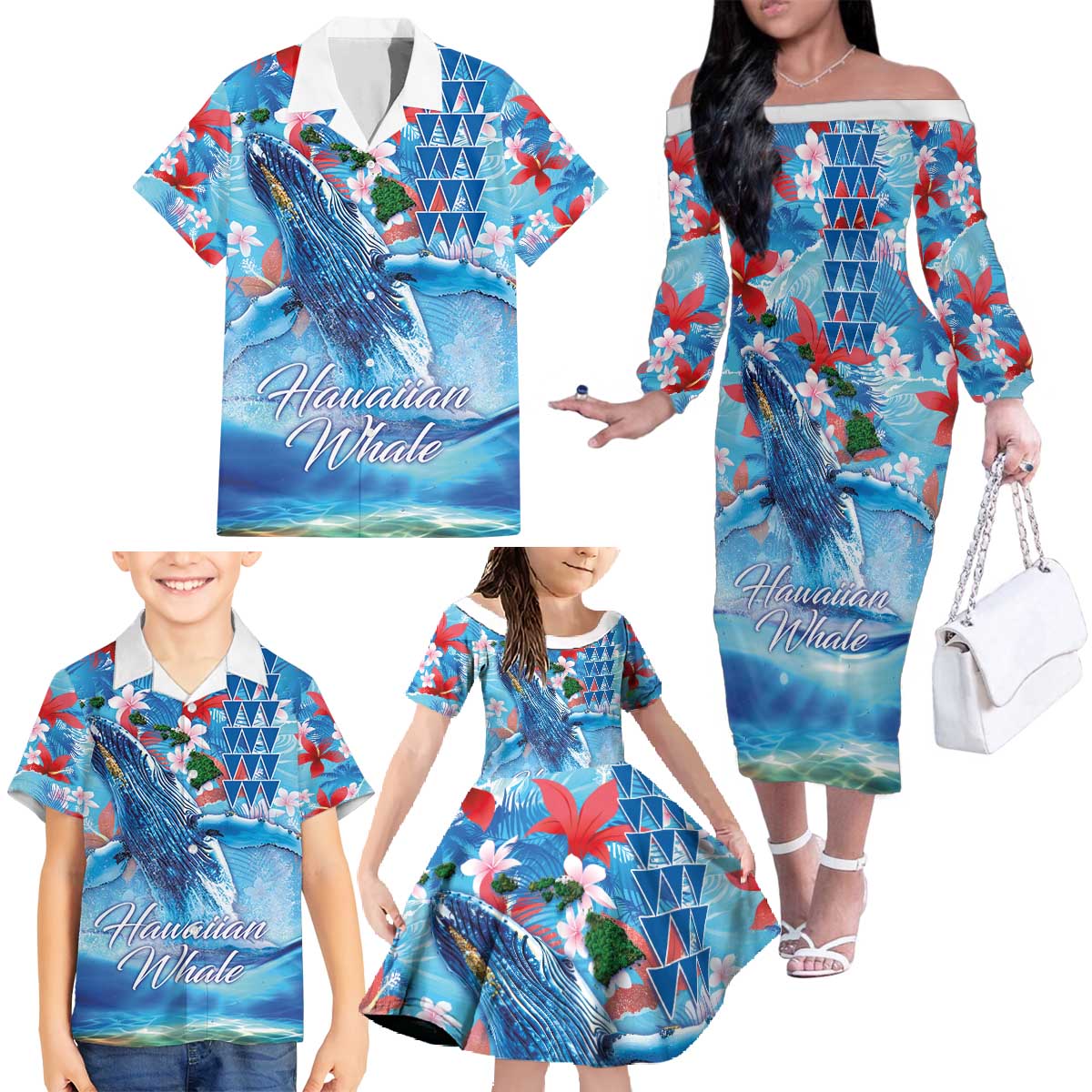 Hawaiian Waves Whale Family Matching Off The Shoulder Long Sleeve Dress and Hawaiian Shirt Kakau Art and Tropical Red Hibiscus Flowers LT03 - Polynesian Pride