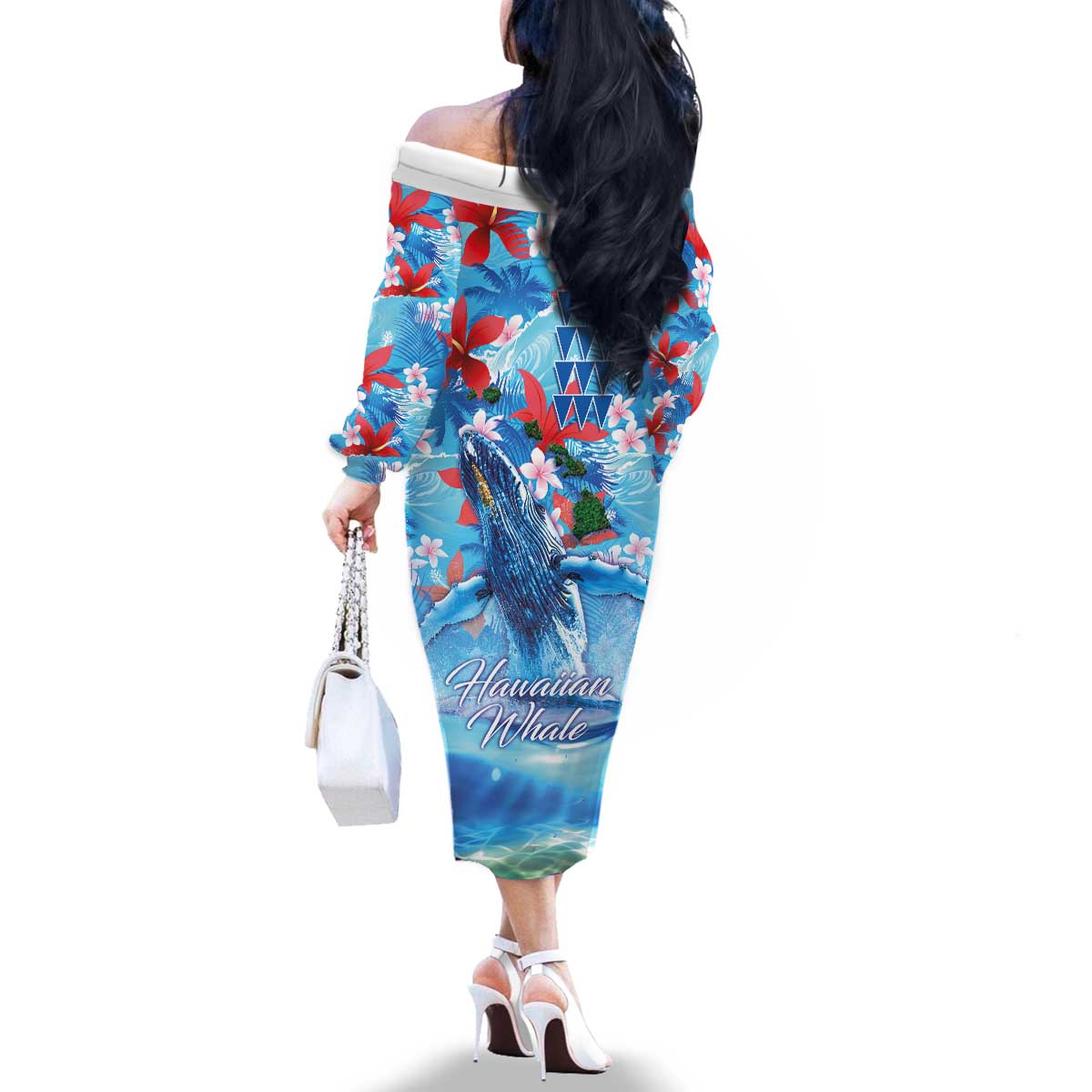 Hawaiian Waves Whale Family Matching Off The Shoulder Long Sleeve Dress and Hawaiian Shirt Kakau Art and Tropical Red Hibiscus Flowers LT03 - Polynesian Pride