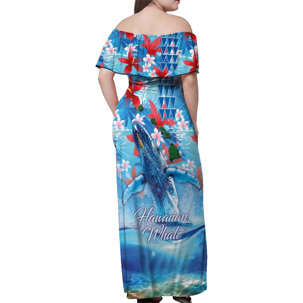 Hawaiian Waves Whale Family Matching Off Shoulder Maxi Dress and Hawaiian Shirt Kakau Art and Tropical Red Hibiscus Flowers