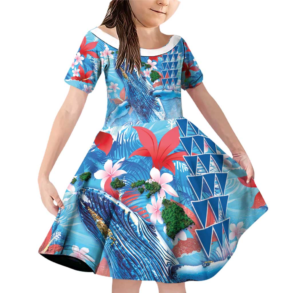 Hawaiian Waves Whale Family Matching Off Shoulder Short Dress and Hawaiian Shirt Kakau Art and Tropical Red Hibiscus Flowers LT03 Daughter's Dress Blue - Polynesian Pride