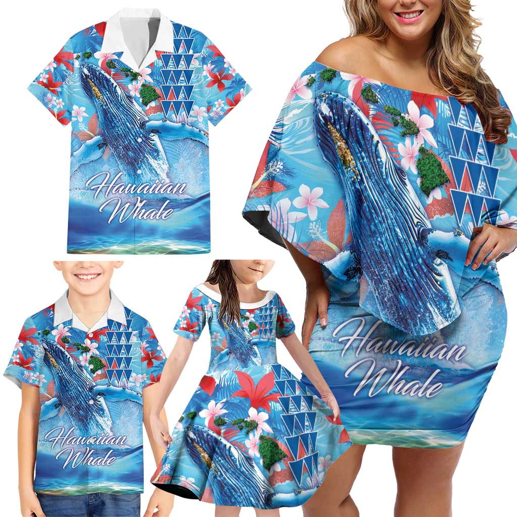 Hawaiian Waves Whale Family Matching Off Shoulder Short Dress and Hawaiian Shirt Kakau Art and Tropical Red Hibiscus Flowers LT03 - Polynesian Pride