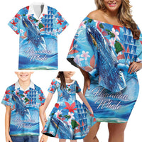 Hawaiian Waves Whale Family Matching Off Shoulder Short Dress and Hawaiian Shirt Kakau Art and Tropical Red Hibiscus Flowers LT03 - Polynesian Pride
