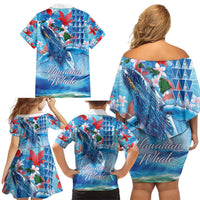 Hawaiian Waves Whale Family Matching Off Shoulder Short Dress and Hawaiian Shirt Kakau Art and Tropical Red Hibiscus Flowers LT03 - Polynesian Pride