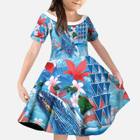 Hawaiian Waves Whale Family Matching Puletasi and Hawaiian Shirt Kakau Art and Tropical Red Hibiscus Flowers LT03 Daughter's Dress Blue - Polynesian Pride