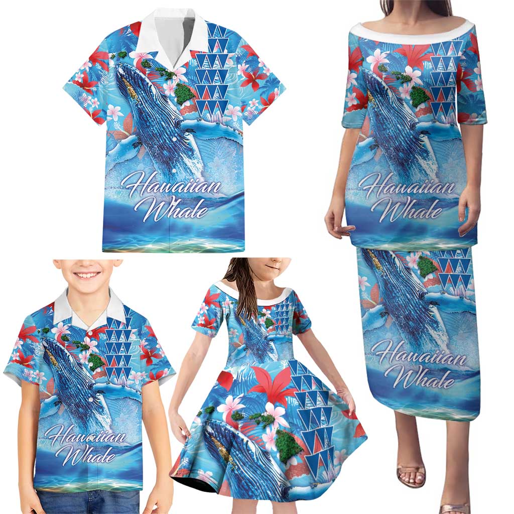 Hawaiian Waves Whale Family Matching Puletasi and Hawaiian Shirt Kakau Art and Tropical Red Hibiscus Flowers LT03 - Polynesian Pride