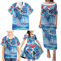 Hawaiian Waves Whale Family Matching Puletasi and Hawaiian Shirt Kakau Art and Tropical Red Hibiscus Flowers LT03 - Polynesian Pride