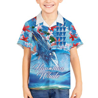 Hawaiian Waves Whale Family Matching Puletasi and Hawaiian Shirt Kakau Art and Tropical Red Hibiscus Flowers LT03 Son's Shirt Blue - Polynesian Pride
