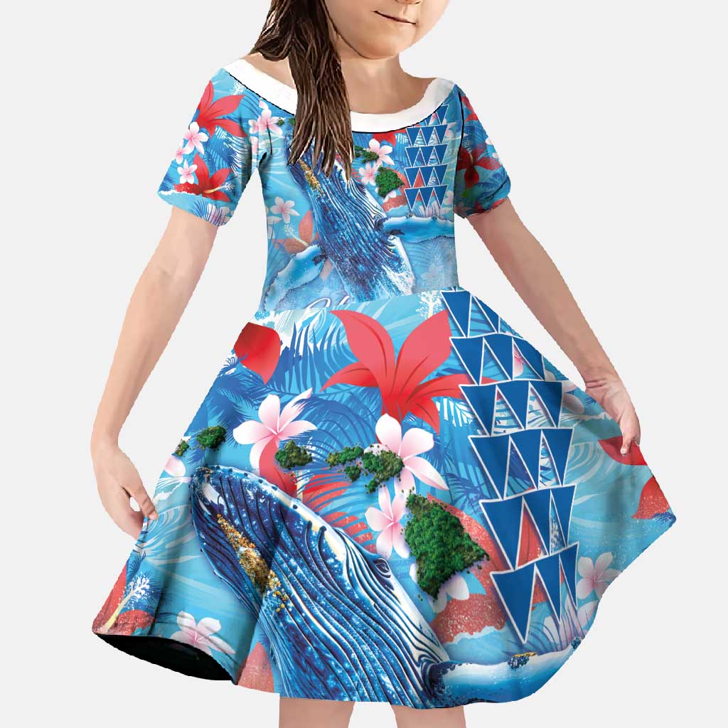 Hawaiian Waves Whale Family Matching Tank Maxi Dress and Hawaiian Shirt Kakau Art and Tropical Red Hibiscus Flowers LT03 Daughter's Dress Blue - Polynesian Pride