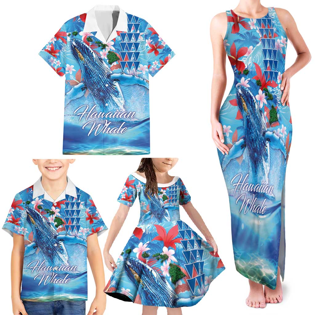 Hawaiian Waves Whale Family Matching Tank Maxi Dress and Hawaiian Shirt Kakau Art and Tropical Red Hibiscus Flowers LT03 - Polynesian Pride
