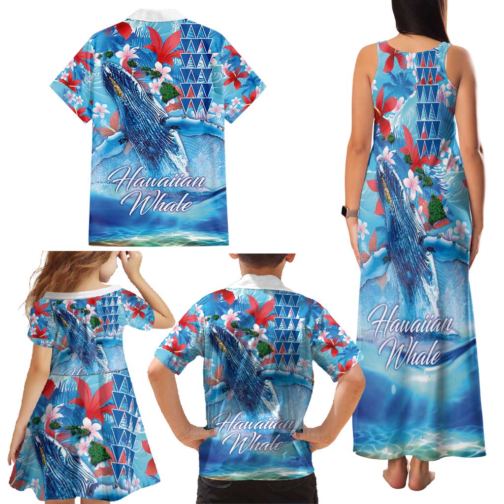 Hawaiian Waves Whale Family Matching Tank Maxi Dress and Hawaiian Shirt Kakau Art and Tropical Red Hibiscus Flowers LT03 - Polynesian Pride
