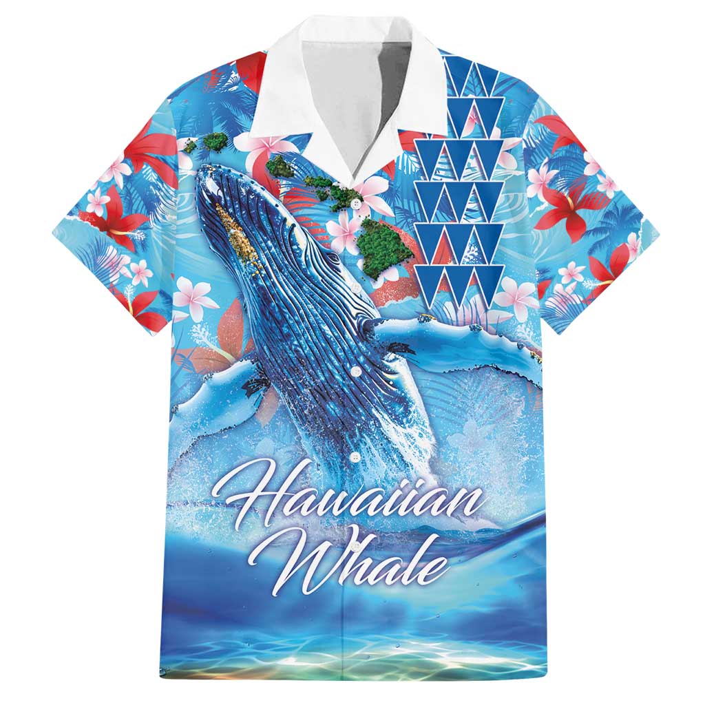 Hawaiian Waves Whale Family Matching Tank Maxi Dress and Hawaiian Shirt Kakau Art and Tropical Red Hibiscus Flowers LT03 Dad's Shirt - Short Sleeve Blue - Polynesian Pride