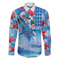 Hawaiian Waves Whale Family Matching Tank Maxi Dress and Hawaiian Shirt Kakau Art and Tropical Red Hibiscus Flowers LT03 Dad's Shirt - Long Sleeve Blue - Polynesian Pride