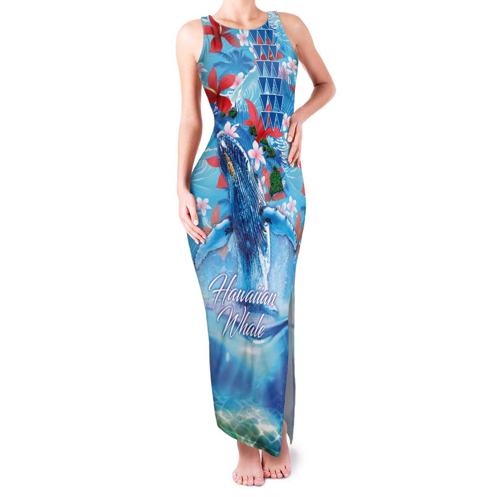 Hawaiian Waves Whale Family Matching Tank Maxi Dress and Hawaiian Shirt Kakau Art and Tropical Red Hibiscus Flowers LT03 Mom's Dress Blue - Polynesian Pride