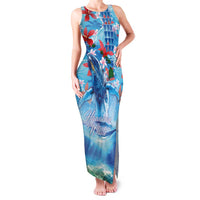 Hawaiian Waves Whale Family Matching Tank Maxi Dress and Hawaiian Shirt Kakau Art and Tropical Red Hibiscus Flowers LT03 Mom's Dress Blue - Polynesian Pride