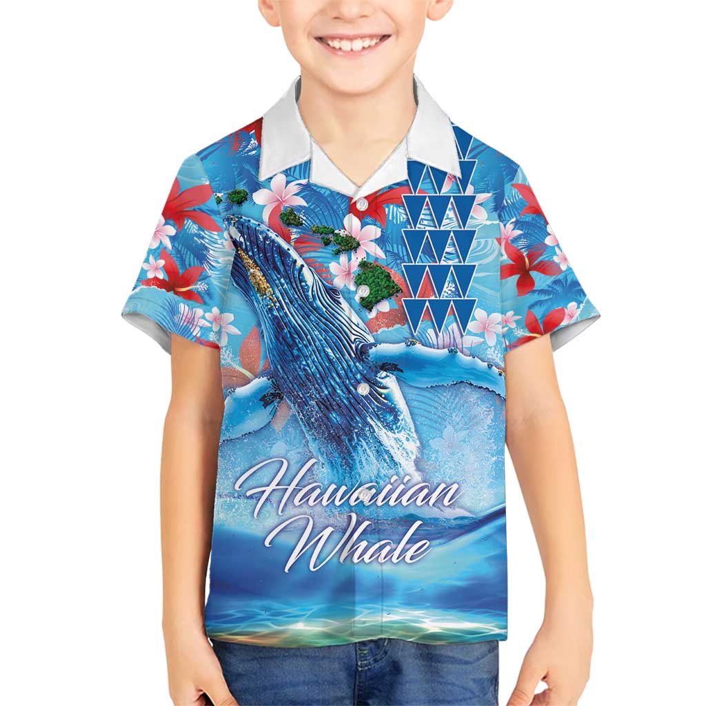 Hawaiian Waves Whale Family Matching Tank Maxi Dress and Hawaiian Shirt Kakau Art and Tropical Red Hibiscus Flowers LT03 Son's Shirt Blue - Polynesian Pride