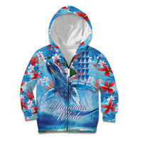Hawaiian Waves Whale Kid Hoodie Kakau Art and Tropical Red Hibiscus Flowers