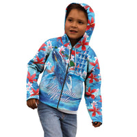 Hawaiian Waves Whale Kid Hoodie Kakau Art and Tropical Red Hibiscus Flowers