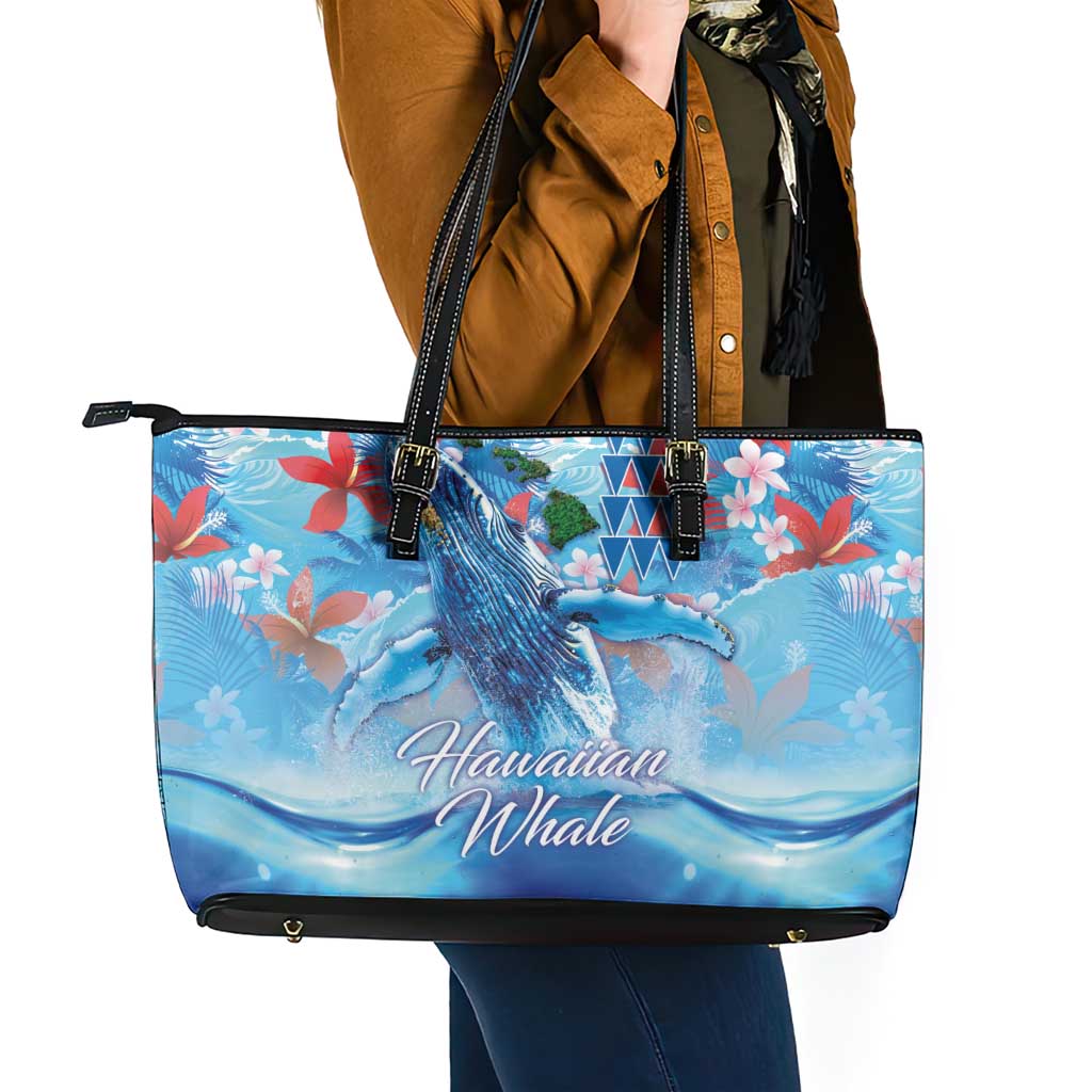 Hawaiian Waves Whale Leather Tote Bag Kakau Art and Tropical Red Hibiscus Flowers LT03 - Polynesian Pride