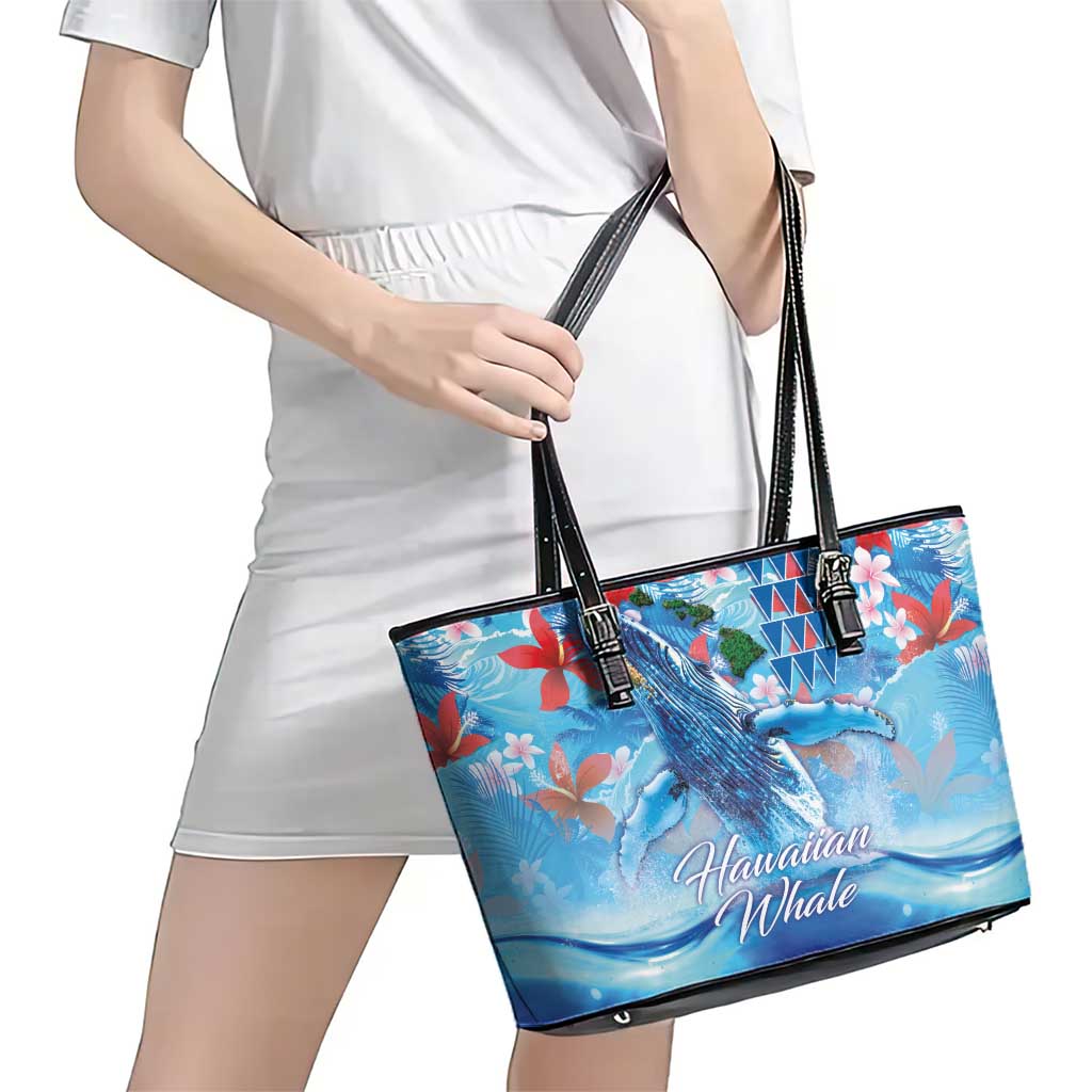 Hawaiian Waves Whale Leather Tote Bag Kakau Art and Tropical Red Hibiscus Flowers LT03 - Polynesian Pride