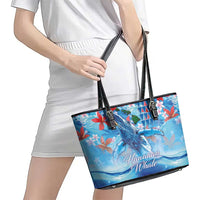 Hawaiian Waves Whale Leather Tote Bag Kakau Art and Tropical Red Hibiscus Flowers LT03 - Polynesian Pride