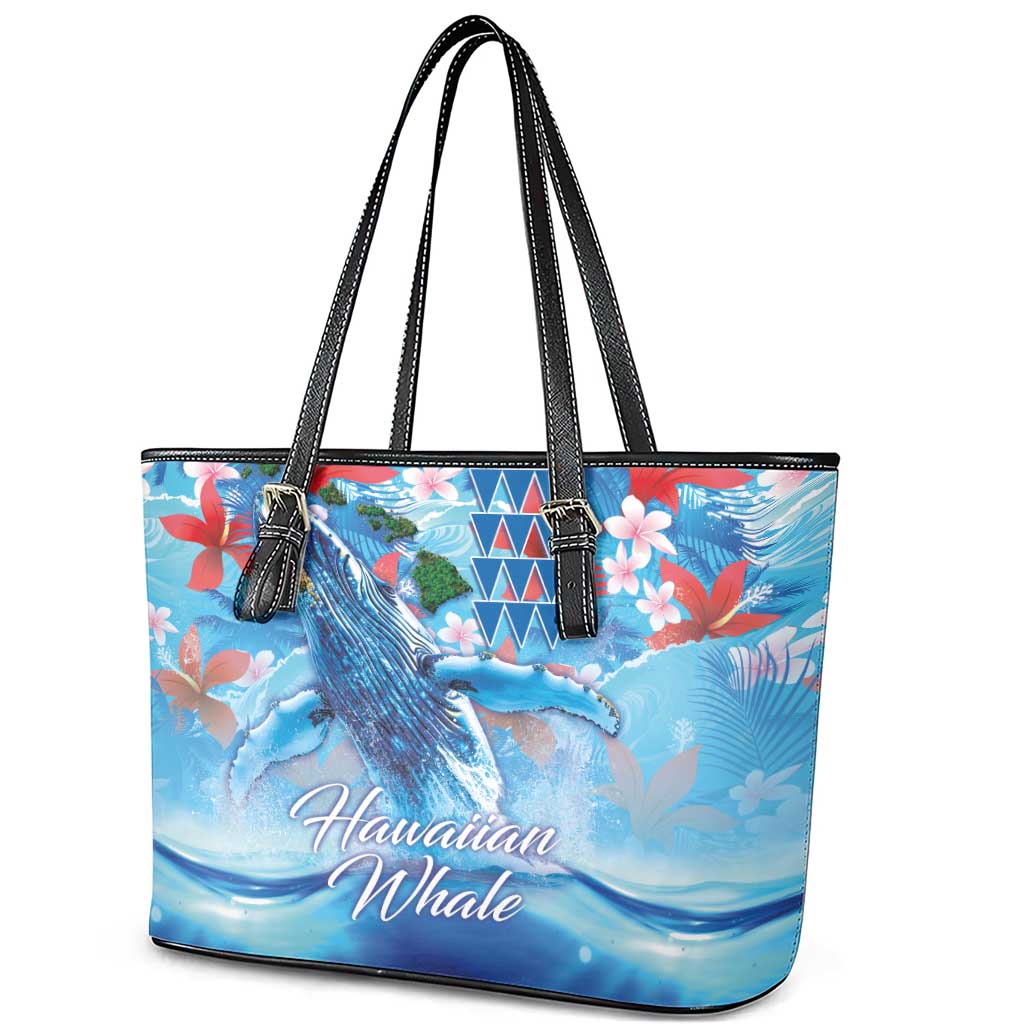 Hawaiian Waves Whale Leather Tote Bag Kakau Art and Tropical Red Hibiscus Flowers LT03 - Polynesian Pride