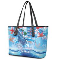 Hawaiian Waves Whale Leather Tote Bag Kakau Art and Tropical Red Hibiscus Flowers LT03 - Polynesian Pride