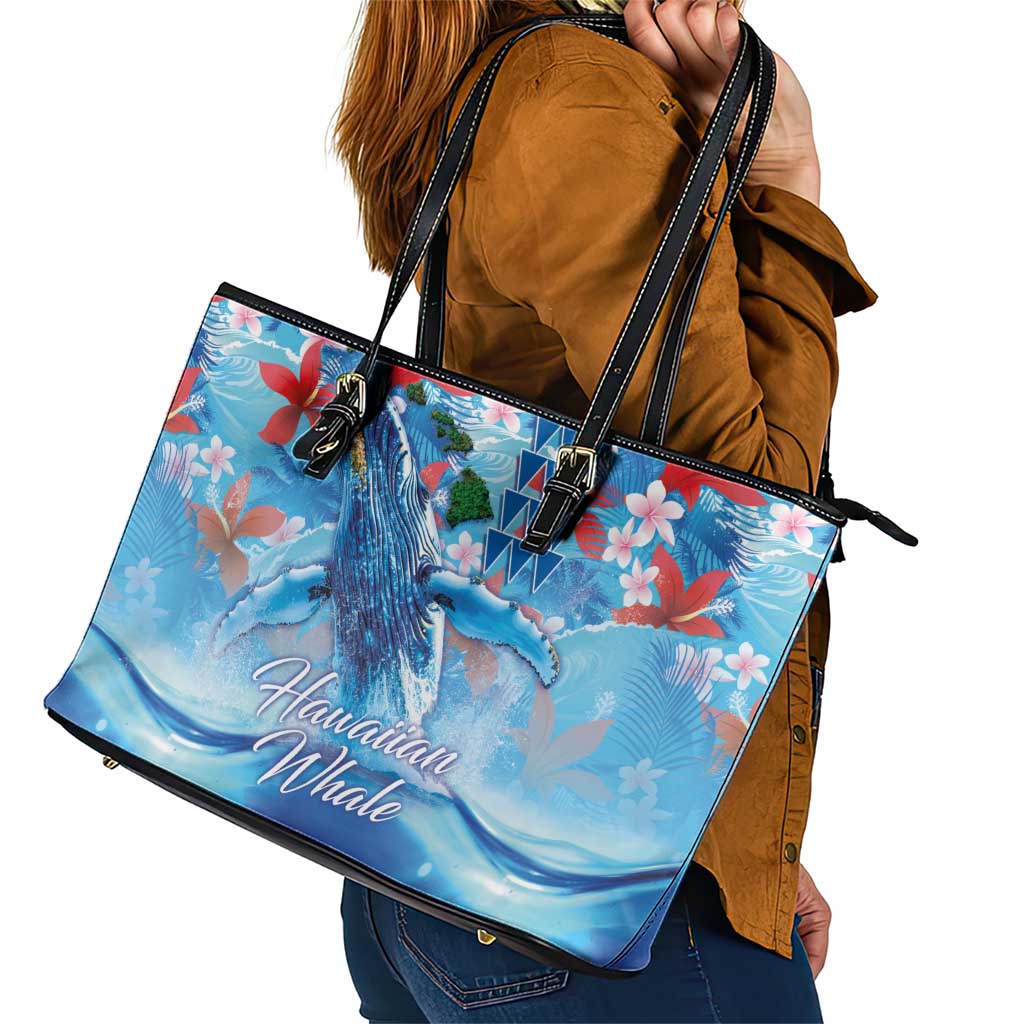 Hawaiian Waves Whale Leather Tote Bag Kakau Art and Tropical Red Hibiscus Flowers LT03 - Polynesian Pride