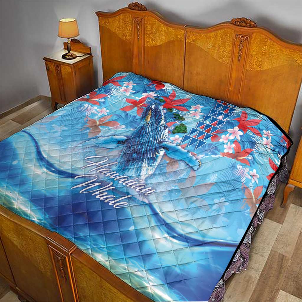 Hawaiian Waves Whale Quilt Kakau Art and Tropical Red Hibiscus Flowers