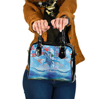Hawaiian Waves Whale Shoulder Handbag Kakau Art and Tropical Red Hibiscus Flowers LT03 One Size Blue - Polynesian Pride