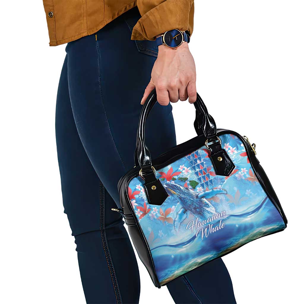 Hawaiian Waves Whale Shoulder Handbag Kakau Art and Tropical Red Hibiscus Flowers LT03 - Polynesian Pride