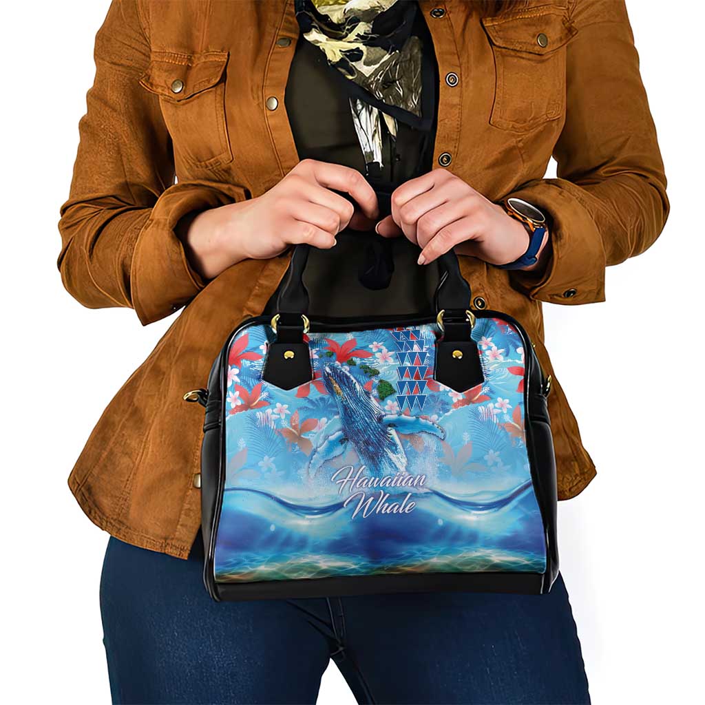 Hawaiian Waves Whale Shoulder Handbag Kakau Art and Tropical Red Hibiscus Flowers LT03 - Polynesian Pride