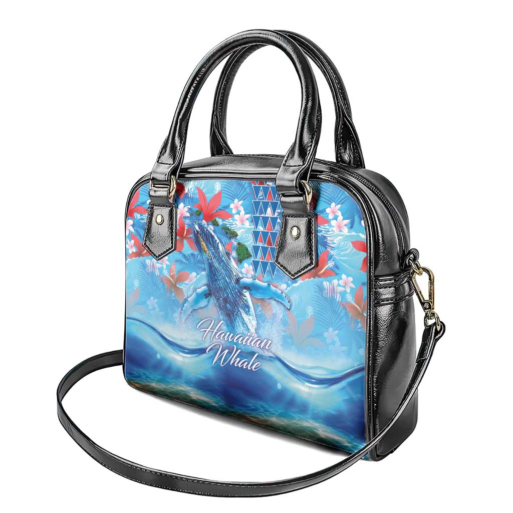 Hawaiian Waves Whale Shoulder Handbag Kakau Art and Tropical Red Hibiscus Flowers LT03 - Polynesian Pride