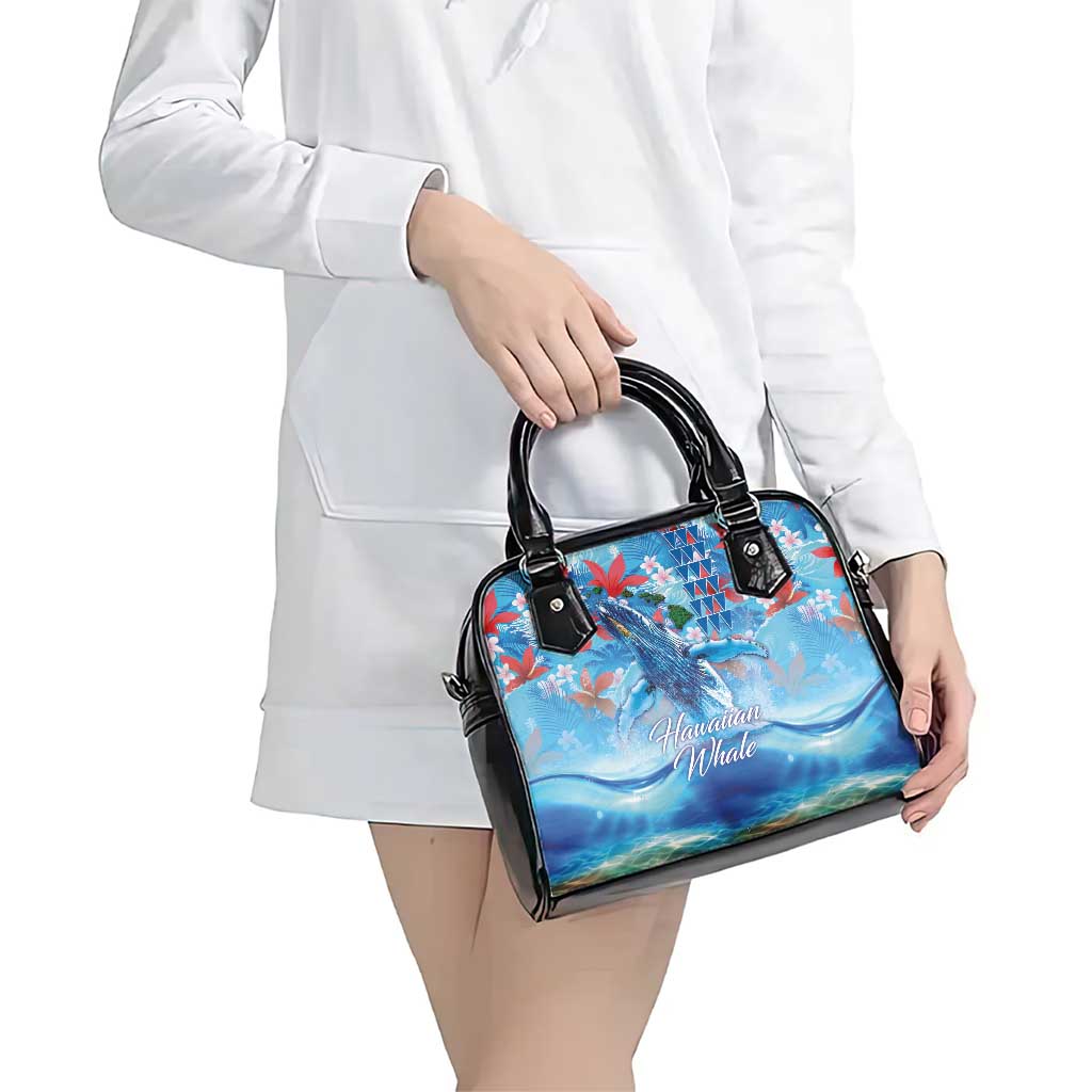 Hawaiian Waves Whale Shoulder Handbag Kakau Art and Tropical Red Hibiscus Flowers LT03 - Polynesian Pride