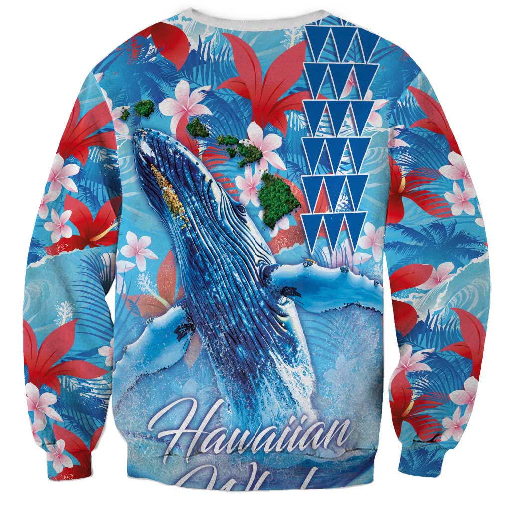 Hawaiian Waves Whale Sweatshirt Kakau Art and Tropical Red Hibiscus Flowers