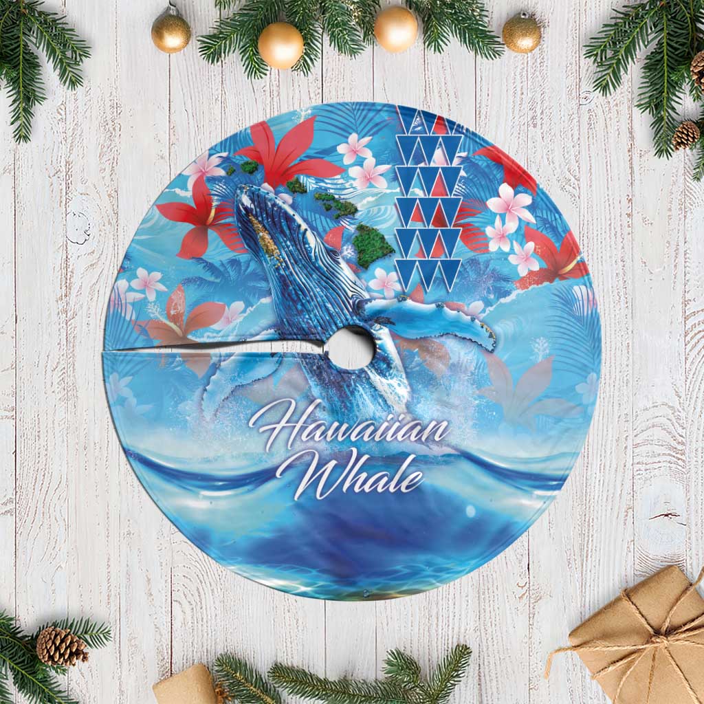 Hawaiian Waves Whale Tree Skirt Kakau Art and Tropical Red Hibiscus Flowers LT03 Casual Blue - Polynesian Pride