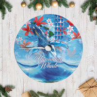 Hawaiian Waves Whale Tree Skirt Kakau Art and Tropical Red Hibiscus Flowers LT03 Casual Blue - Polynesian Pride