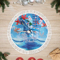 Hawaiian Waves Whale Tree Skirt Kakau Art and Tropical Red Hibiscus Flowers LT03 Fringed Blue - Polynesian Pride