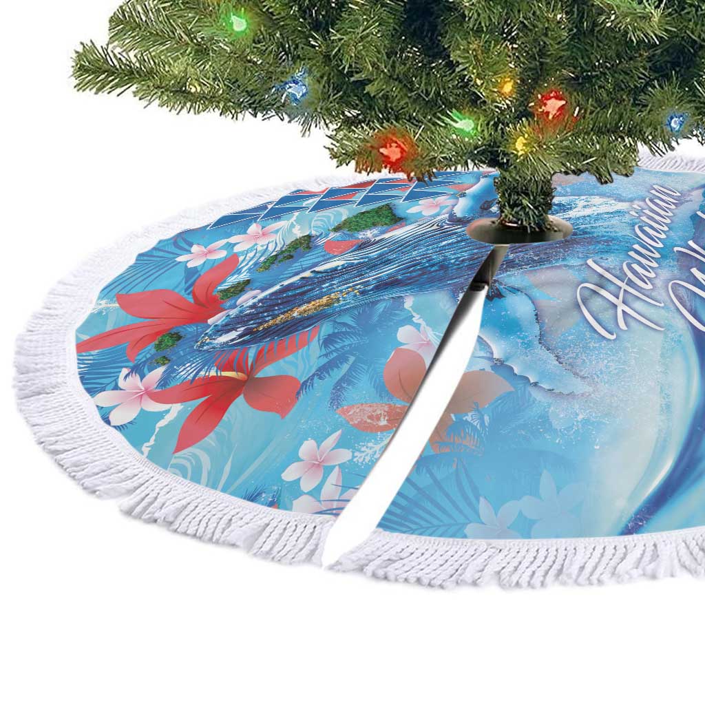 Hawaiian Waves Whale Tree Skirt Kakau Art and Tropical Red Hibiscus Flowers LT03 - Polynesian Pride
