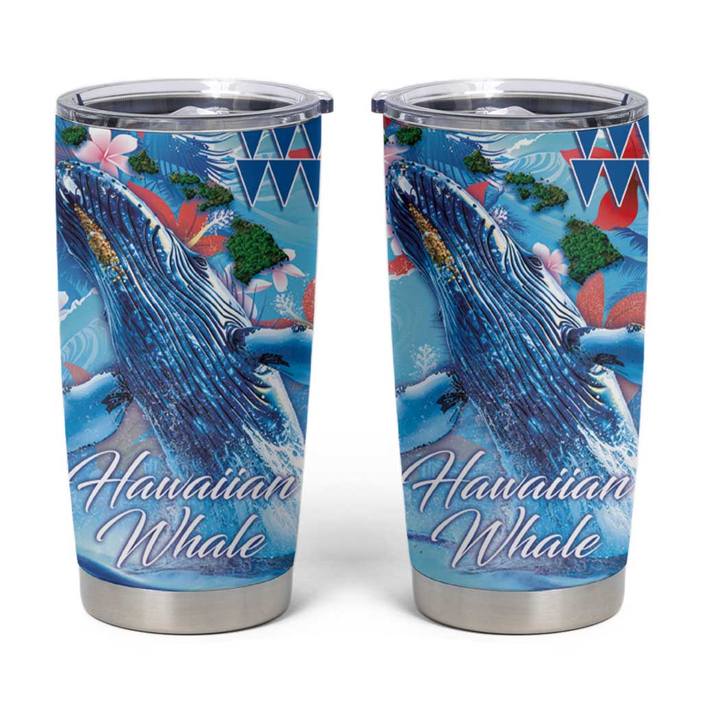 Hawaiian Waves Whale Tumbler Cup Kakau Art and Tropical Red Hibiscus Flowers