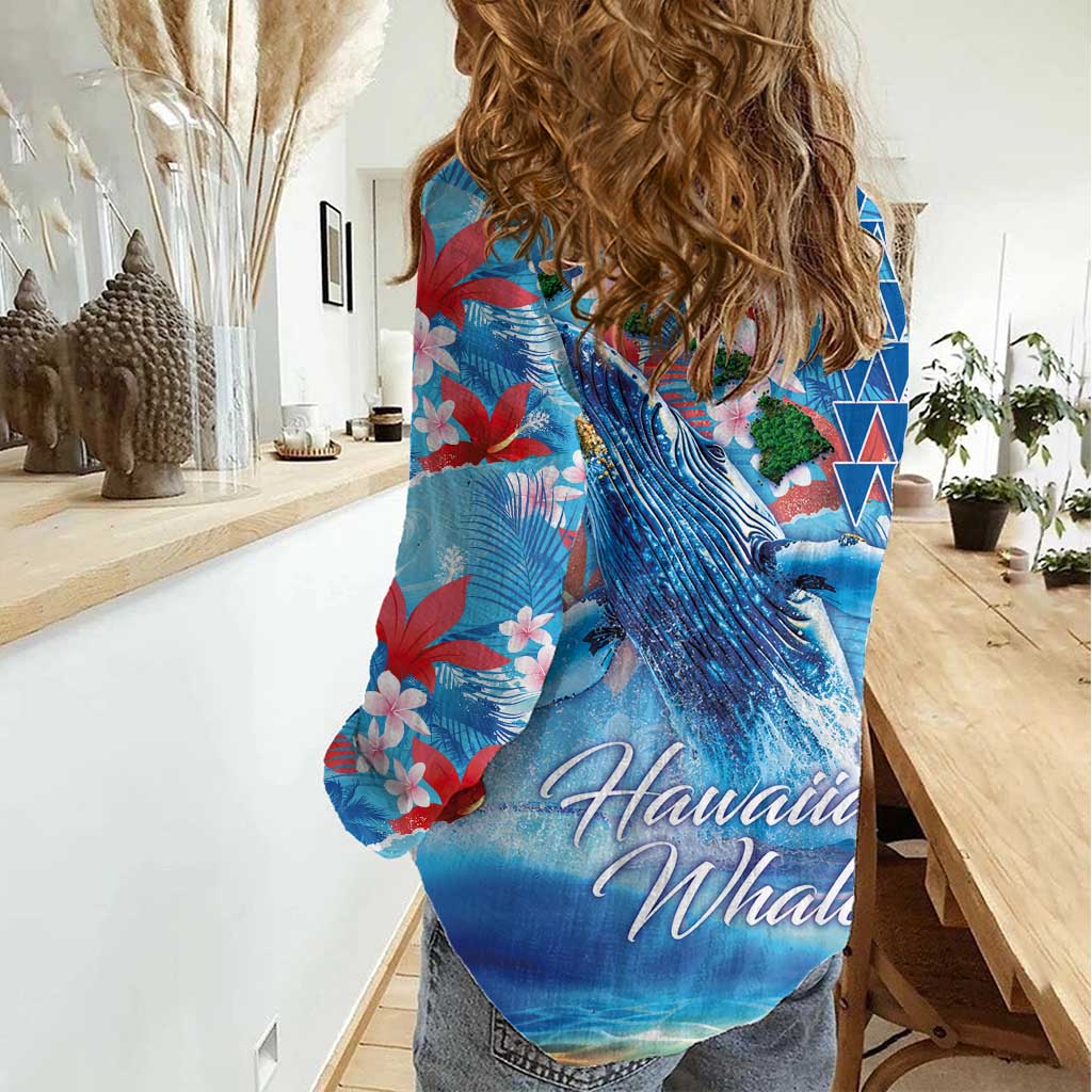 Hawaiian Waves Whale Women Casual Shirt Kakau Art and Tropical Red Hibiscus Flowers