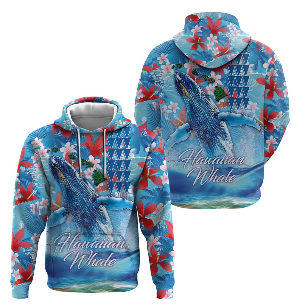 Hawaiian Waves Whale Zip Hoodie Kakau Art and Tropical Red Hibiscus Flowers