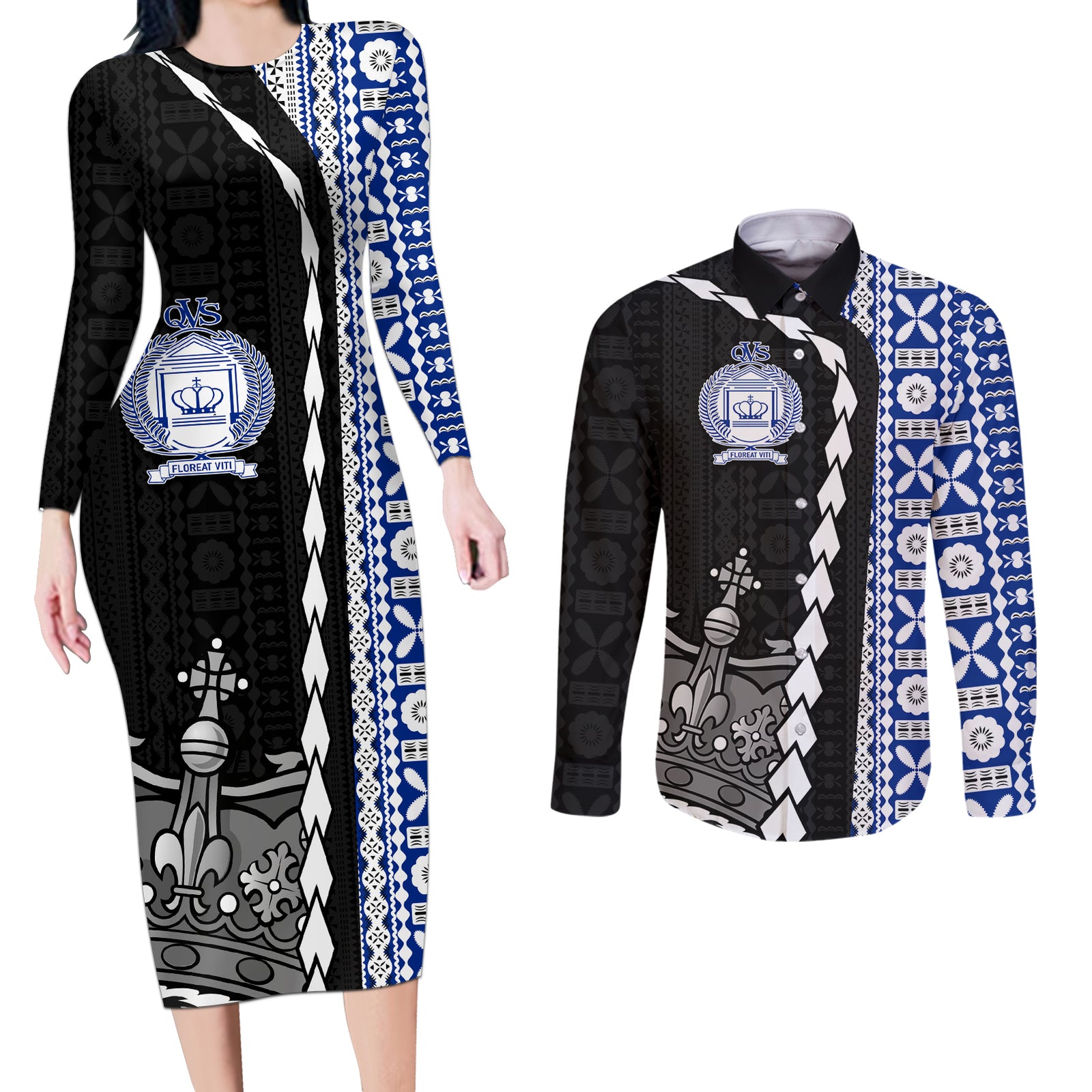 Fiji Queen Victoria School Couples Matching Long Sleeve Bodycon Dress and Long Sleeve Button Shirt Tapa and Polynesian Tribal Pattern Half Style LT03 Black - Polynesian Pride