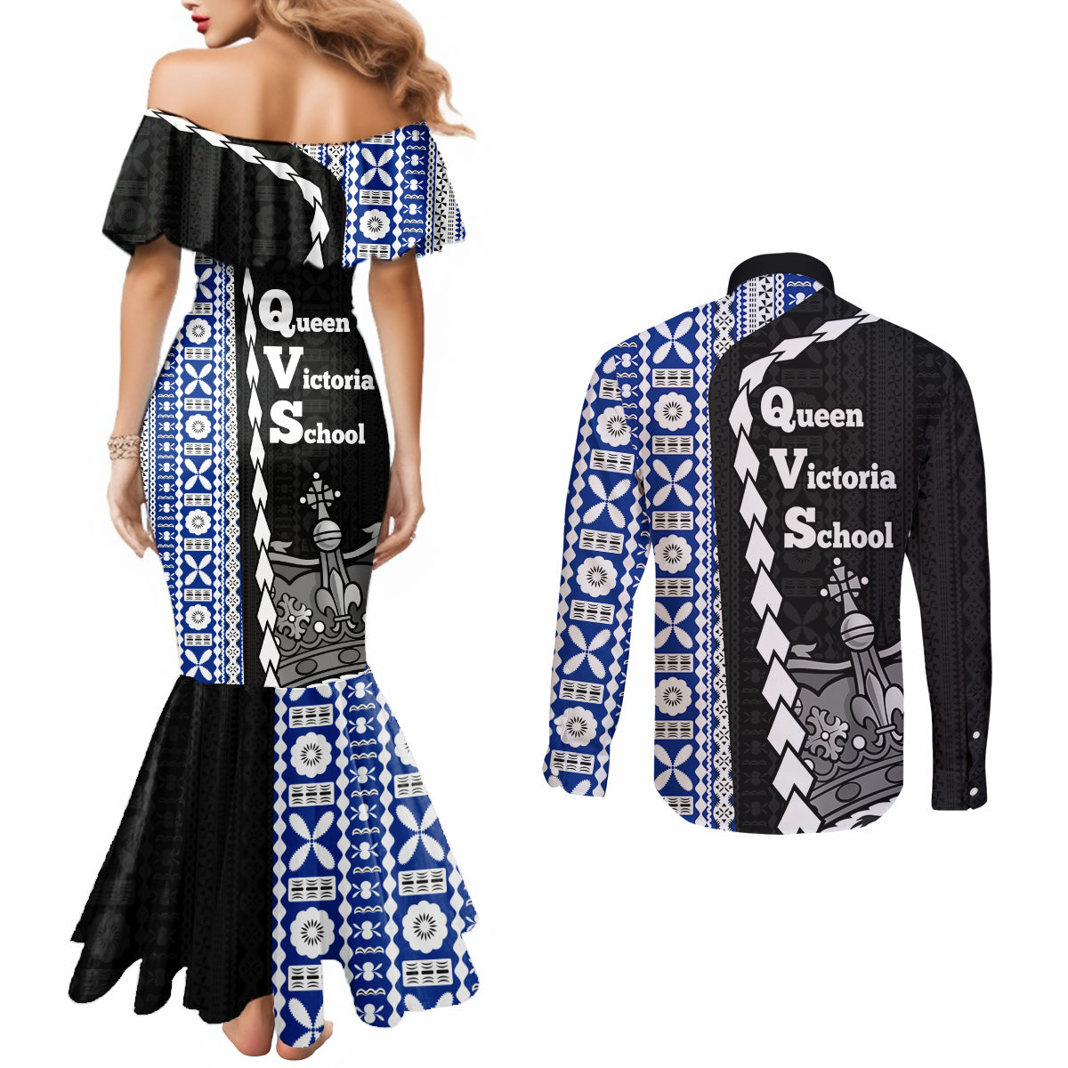 Fiji Queen Victoria School Couples Matching Mermaid Dress and Long Sleeve Button Shirt Tapa and Polynesian Tribal Pattern Half Style LT03 - Polynesian Pride
