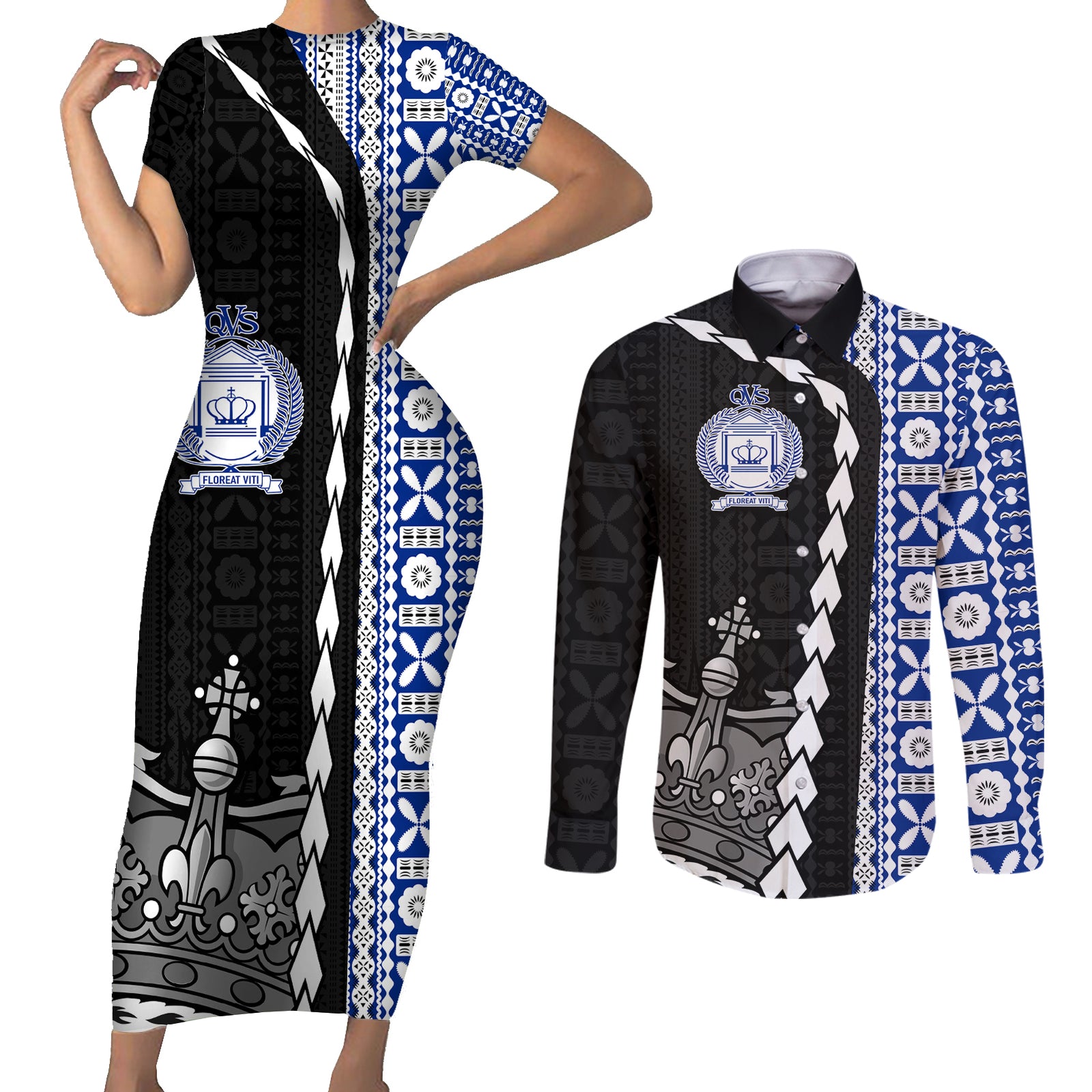 Fiji Queen Victoria School Couples Matching Short Sleeve Bodycon Dress and Long Sleeve Button Shirt Tapa and Polynesian Tribal Pattern Half Style LT03 Black - Polynesian Pride